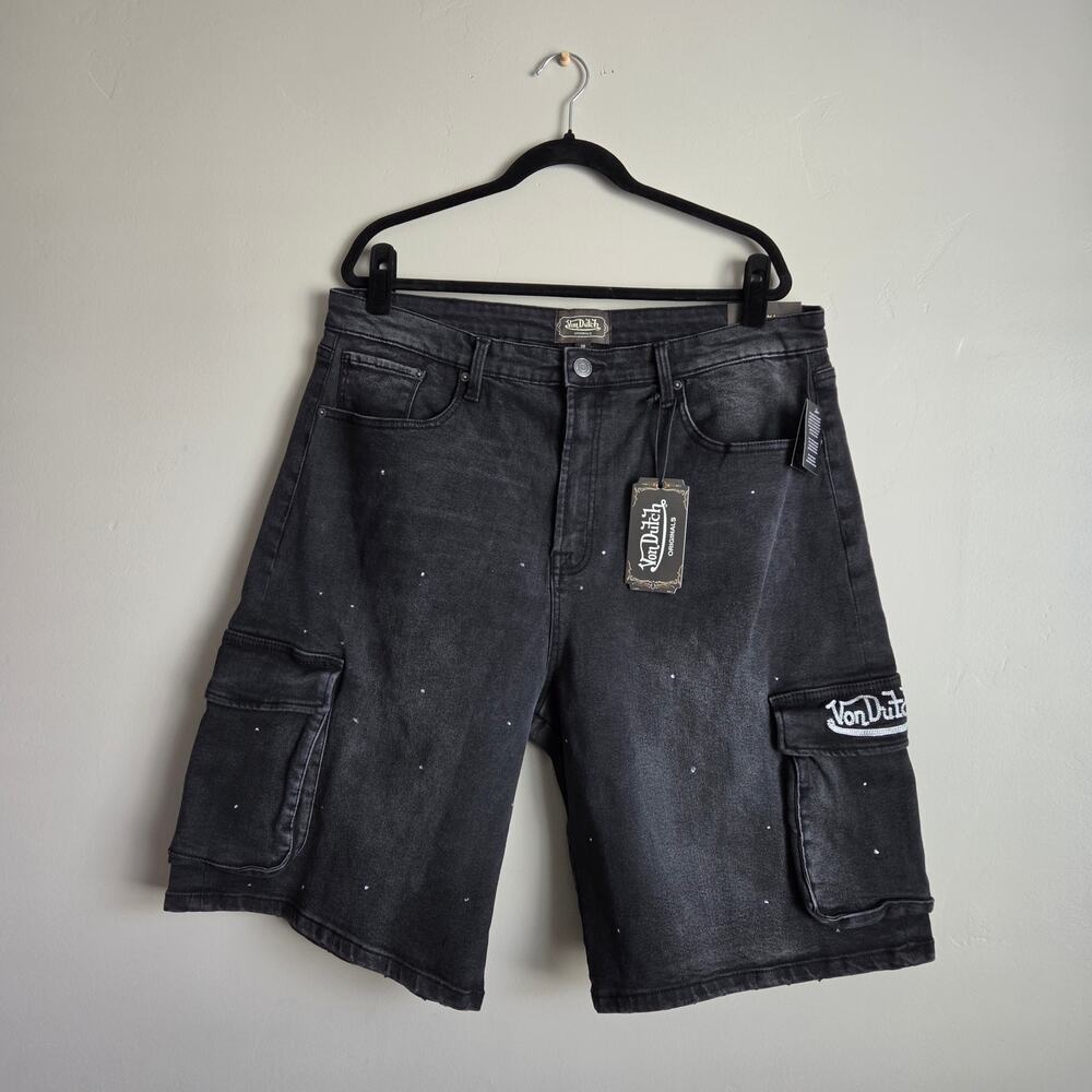 NWT Von Dutch Black Wash Denim Cargo Jorts Y2K Streetwear Paint Splatter SZ 38